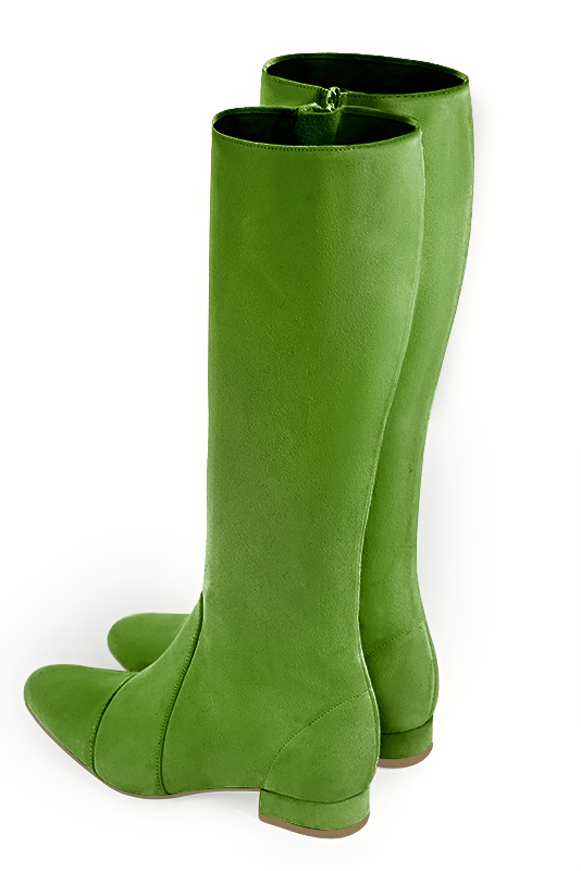 Grass green women's feminine knee-high boots. Round toe. Flat block heels. Made to measure. Rear view - Florence KOOIJMAN